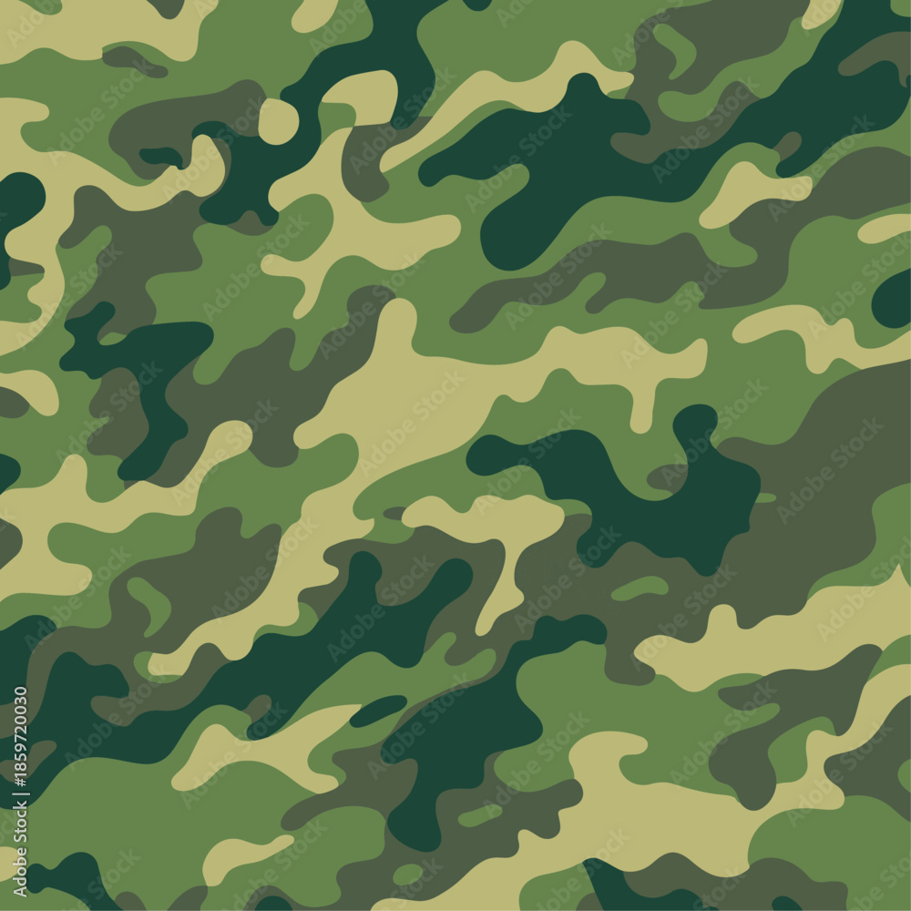 Fototapeta premium Green Woodland Camouflage Seamless Pattern Vector. Classic Olive Green and Khaki Army Texture. Military Forest Camo Background for Uniforms.