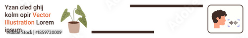 Communication, audio technology, voice interaction, speech recognition, digital design, nature integration. Head speaking with soundwaves and a potted plant. Communication and audio technology