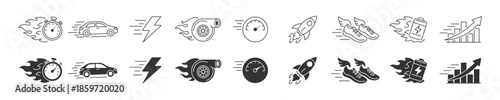 Speed and Performance Icons Set, Fast Delivery, quick time icon and Rapid Growth Symbols, Turbo, Rocket and Acceleration Concept, Vector Illustration