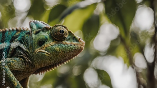 Close-up of a vibrant chameleon with striking green and blue scales, blending into its natural leafy habitat.