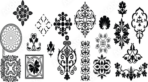 Collection of black ornamental floral and geometric vector designs