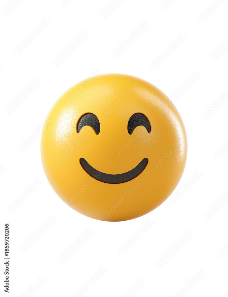 Fototapeta premium 3 D rendering of a happy yellow emoji face with curved eyes and a smiling mouth isolated on a transparent background