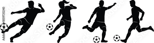 Soccer player silhouette set showing male and female athletes kicking ball in action poses isolated on white background for sports design