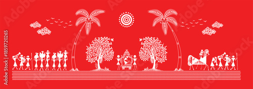 Traditional Warli Art - Joyful Marriage Celebration in Hand-Drawn Warli Art Style. Warli art, Indian wedding, Baraat procession, Tribal folk art
