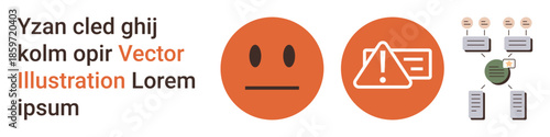 Communication, warnings, emotions, data processes, alert systems, decision-making. Neutral face, warning icon and data flow graphic in orange tones. Communication and warning systems concept
