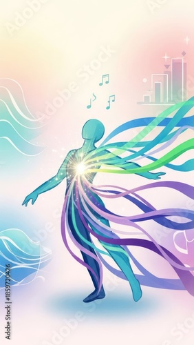 Abstract ethereal figure with flowing colorful ribbons and musical notes in soft gradients.