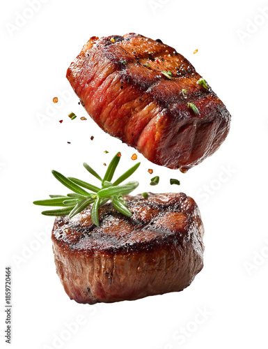 Two grilled beef fillet steaks with rosemary and spices floating in air isolated on a transparent background