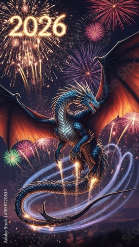 Fireworks and a Dragon: A Night Scene with a Glowing Purple Wings Creature in 2026 Celebration.