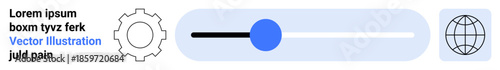 Technology, user interface, customization, web applications, digital settings, usability. Settings gear, slider bar and globe icon. Technology and user interface concept