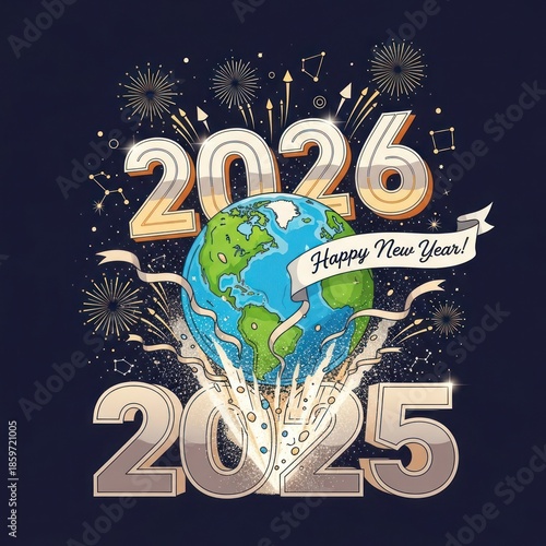 New Year Celebration Graphic Featuring Earth, Fireworks, and 2025/2026 Milestones.