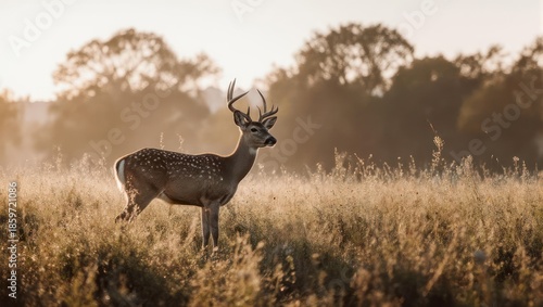 Majestic Deer in a Golden Sunrise Meadow.