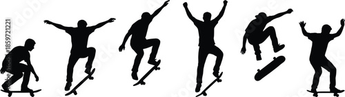 Skateboarder silhouette evolution sequence set showing stages of an ollie jump trick motion isolated on white background for sports design