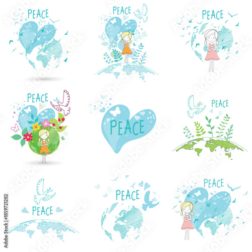International Day of Peace. Concepts of love, peace, and kindness. A set of posters and postcards for social media.