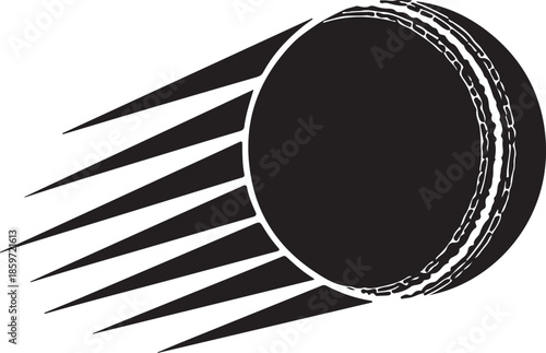 Black silhouette of a cricket ball with multiple triangular streaks on a white background Keywords: cricket, ball, sport, game, black, silhouette, streak, triangle, motion, speed, energy, dynamic
