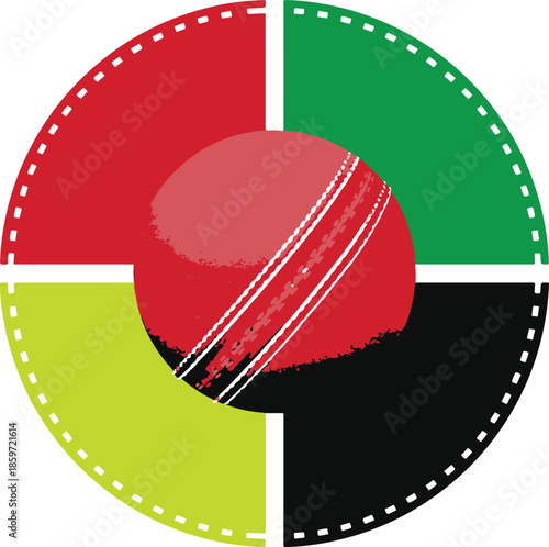 Red cricket ball at the center of a circular film strip with four colored segments Keywords: cricket, ball, sport, game, red, film, strip, circle, circular, segment, color, green, yellow, black