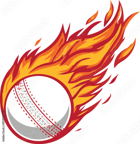 A white cricket ball with red stitching engulfed in vibrant orange and yellow flames on a white background