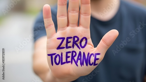 Man showing hand with zero tolerance written on it