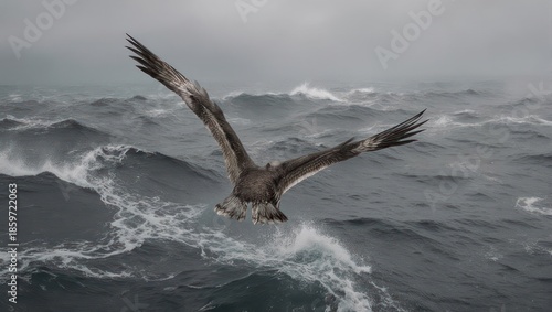Majestic eagle soaring over turbulent ocean waves under a stormy sky.
