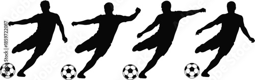 Soccer player silhouette vector set with athletes kicking ball in various action poses for sports graphic design and football competition