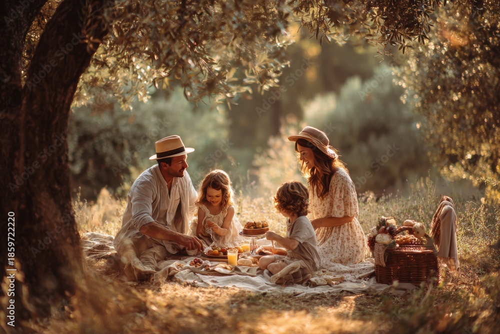 Obraz premium Family enjoys a sunny picnic in the park surrounded by nature and laughter on a lovely afternoon