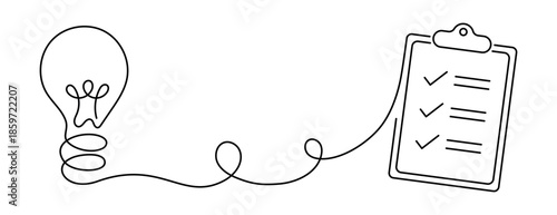 Light bulb connected to checklist symbolizing completed idea, solution and task management. Minimalist continuous line art concept for productivity, planning, success and problem solving
