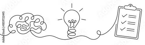 Human brain connected to light bulb and checklist symbolizing thinking process, idea realization and task completion. Minimalist continuous line art concept for productivity, planning, problem solving