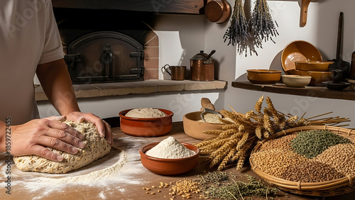 Man kneading dough on floured surface with various grains and baking ingredients on kitchen counter