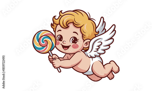 Adorable baby cupid with blonde hair and a lollipop