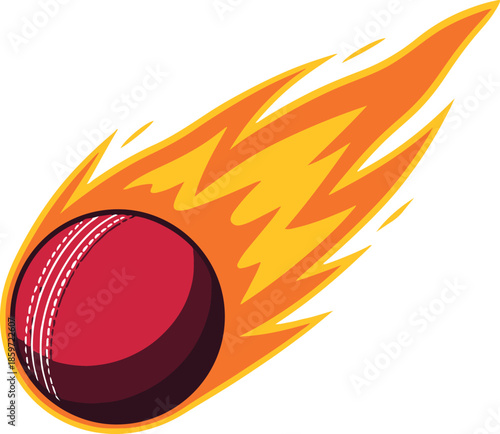 Red cricket ball with orange and yellow flames trailing behind on a white background Keywords: cricket, ball, sport, game, red, white, stitching, seam, flames, fire, burning, hot, speed, motion