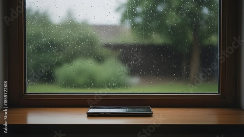A sleek smartphone rests on a warm wooden windowsill as raindrops blur a lush green garden view through the glass.
