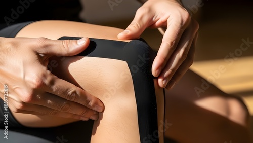 A person carefully applies black kinesiology tape to their knee to provide support and stability during athletic recovery.