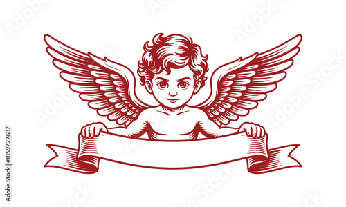 Cherub with Wings and Blank Ribbon Banner