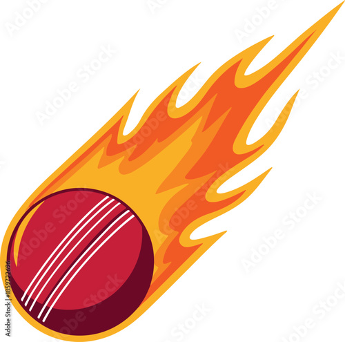 Red cricket ball with orange and yellow flames trailing behind on a white background Keywords: cricket, ball, sport, game, red, white, stitching, seam, flames, fire, burning, hot, speed, motion