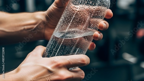 A person holds a condensation-covered clear water bottle with both hands in a dark, modern gym setting.