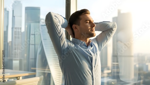 Executive Mindset and Office Zen Overlooking a High-Rise Cityscape at Sunset