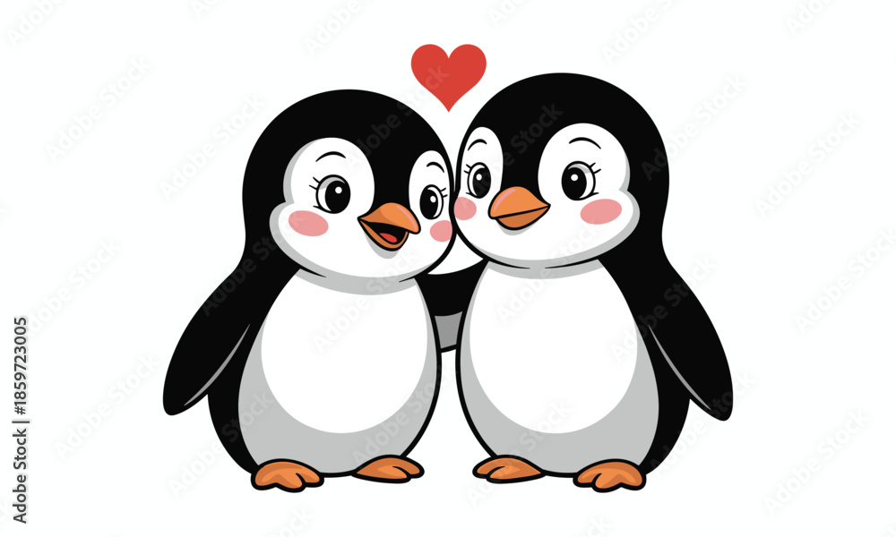 Obraz premium Two cute cartoon penguins embracing with a red heart above