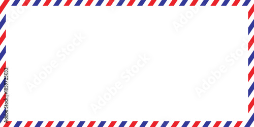 Airmail Envelope frame images with strips. International vintage letter border. Retro air mail postcard with blue and red stripes. Empty classic postal frame.