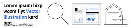 Data management, logistics, e-commerce, analytics, inventory tracking, business solutions. Magnifying glass, dashboard and warehouse with boxes. Business analysis and logistics concept