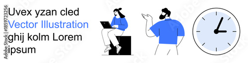 Business teamwork, time management, communication, remote work, office productivity, digital interaction. Illustrated people working and discussing ideas beside a clock. Business teamwork and time