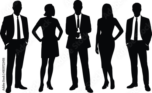 Professional business people silhouettes, confident men women standing, corporate teamwork leadership concept isolated on white