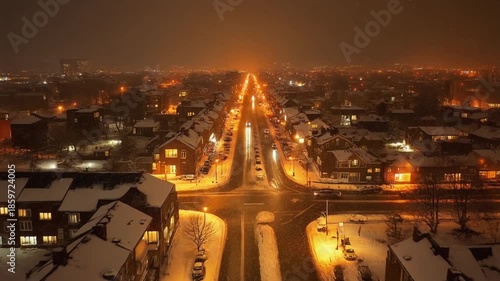 Snowy Cityscape at Night with Illuminated Highway.