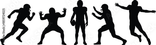 American football player silhouettes vector set with athletes running tackling catching and standing in action poses for sports graphic design