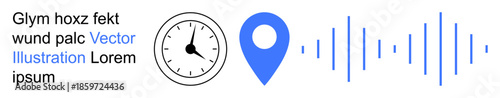 Time tracking, navigation, audio signals, technology, data systems, communication tools. A clock, location pin and soundwaves. Time tracking and navigation concepts