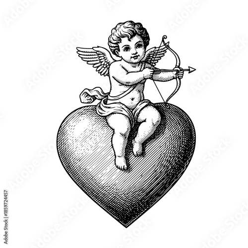 An angelic cherub seated atop a heart, ready to shoot his arrow of love, a classic symbol of romance and affection png transparent background