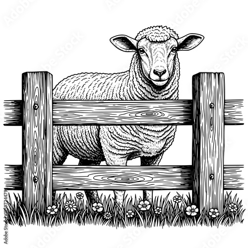 A sheep standing behind a wooden fence, observing with curiosity png transparent background