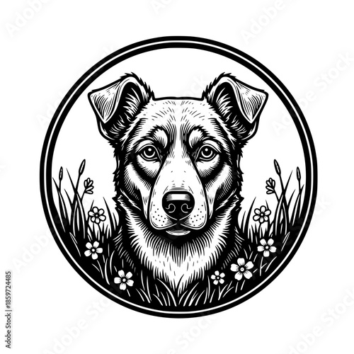 A detailed monochrome illustration of a dog within a decorative circular frame, surrounded by elements of nature png transparent background
