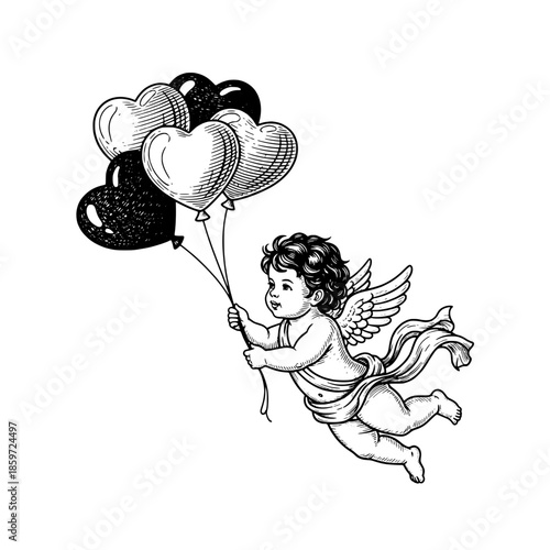 An adorable cupid flying with heart-shaped balloons, spreading joy and love, valentines day design, png transparent background