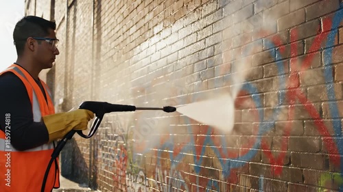Caucasian man pressure washing brick wall to remove graffiti. Cleaning service for urban vandal art removal. Maintenance worker.