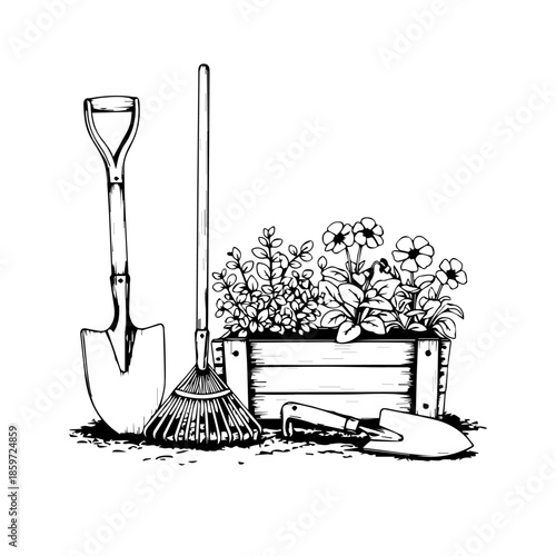 Garden tools and flowers