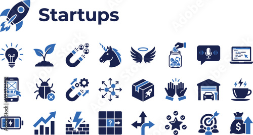 Startup Launch and Innovation Vector Icon Set. Entrepreneurship, Business Growth, Rocket, and Idea Symbols. Blue Flat Design Style.